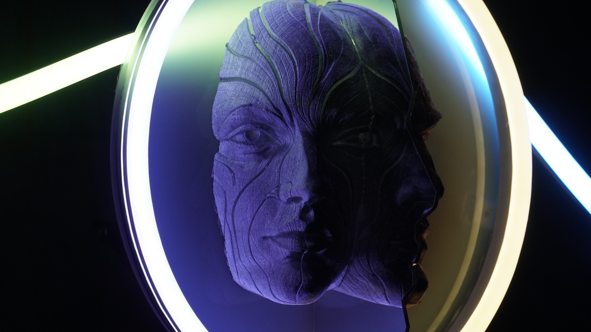 Tight frontal view of Silent Sentinel with one face illuminated violet and the other in shadow, divided by the central mirror plane